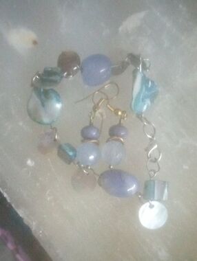 Blue Chalcedony Bead Bracelet and Earrings Set - Women Jewelry (Silver And Gold